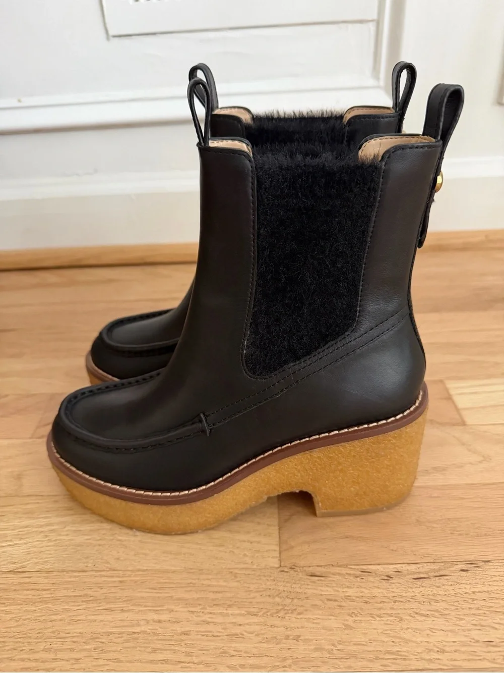 Coach Black Leather Platform Delaney Chelsea Boot with Gum Sole Size 6